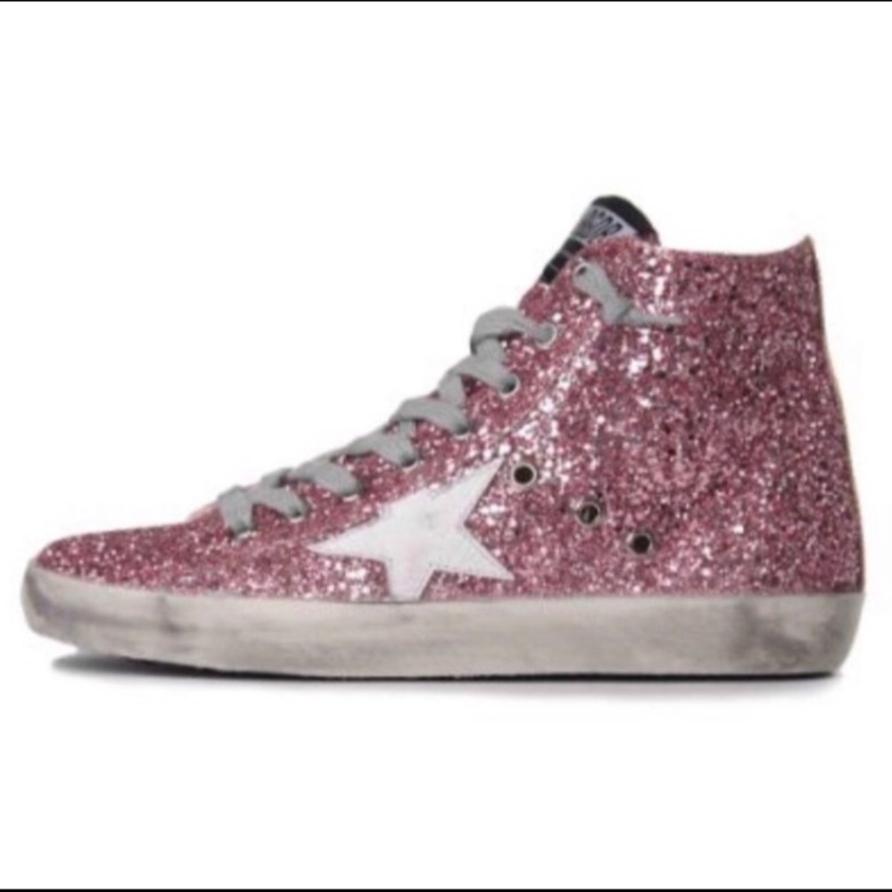 Golden Goose Pink Glitter High-Top Sneakers with White Star